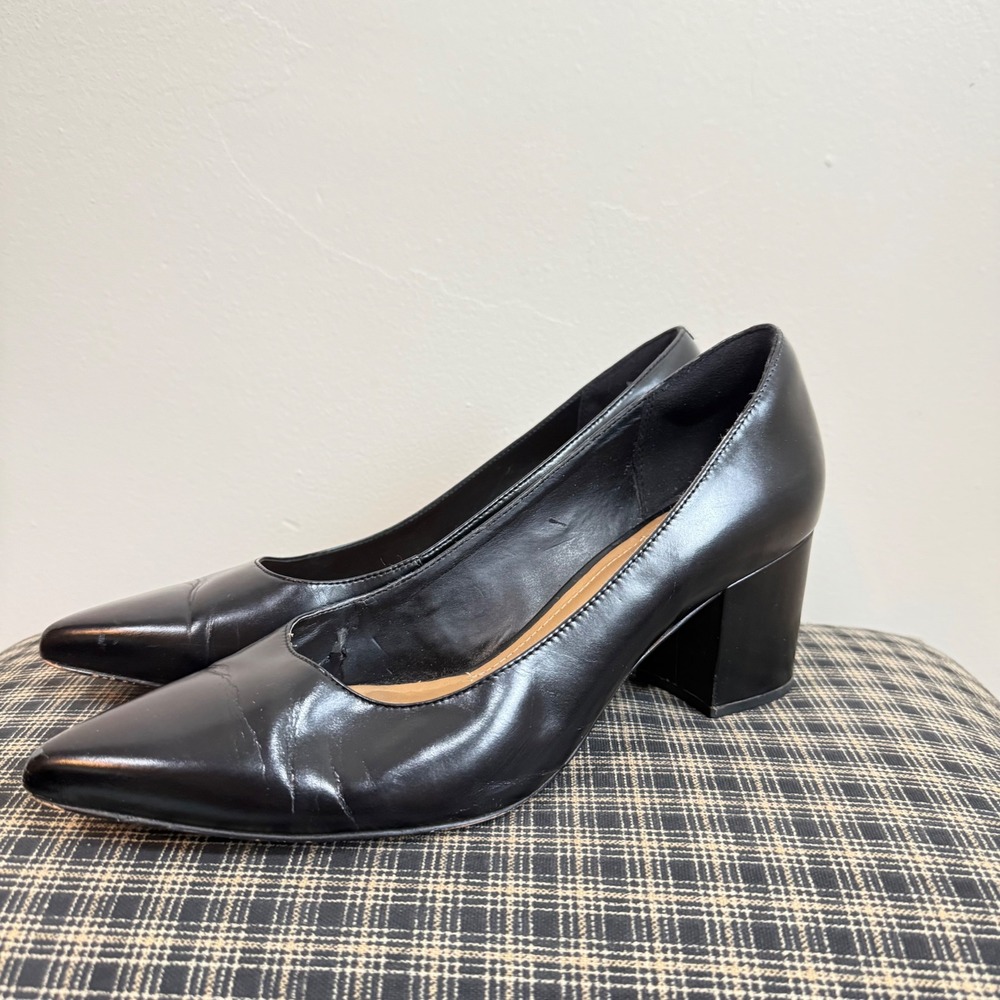 Clarks Artisan Pointed Toe Block Heel Leather Pumps Size 9 Black